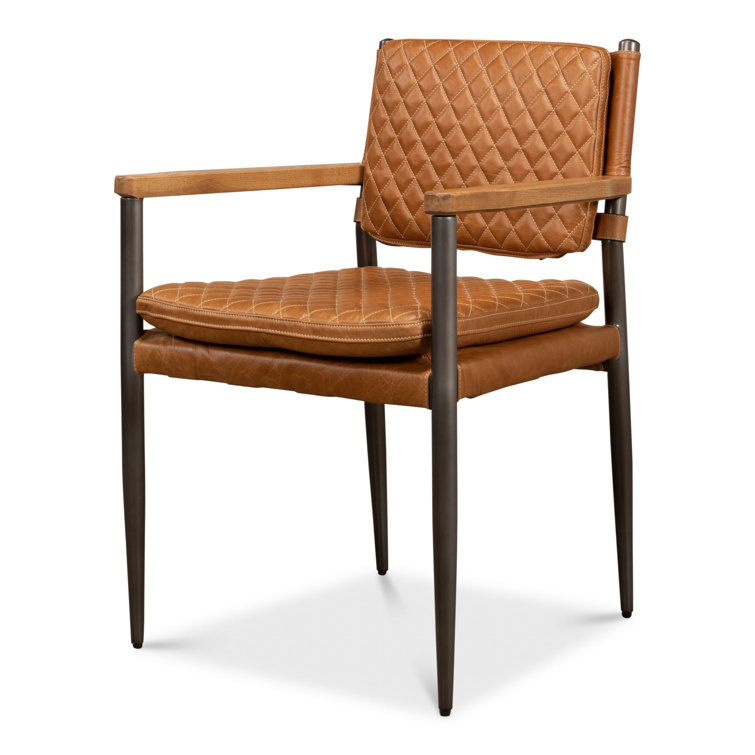 Handcrafted Brown Quilted Leather and Metal Armchair