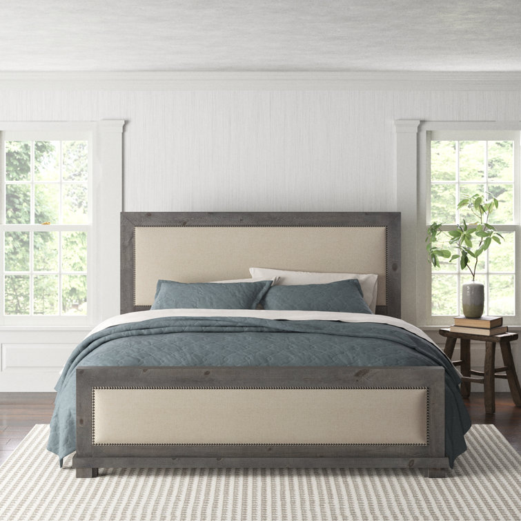 Willow Distressed Dark Gray King Upholstered Bed with Nailhead Trim