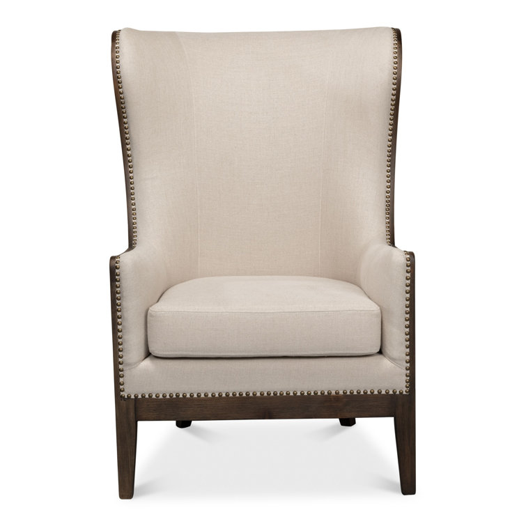 Beige Linen Wingback Chair with Solid Wood Frame