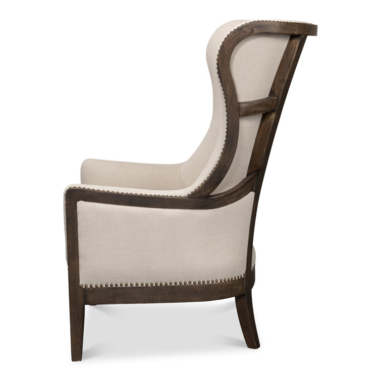 Beige Linen Wingback Chair with Solid Wood Frame