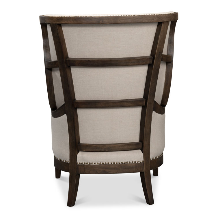 Beige Linen Wingback Chair with Solid Wood Frame