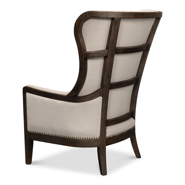 Beige Linen Wingback Chair with Solid Wood Frame