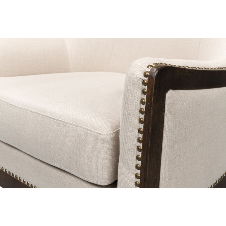 Beige Linen Wingback Chair with Solid Wood Frame