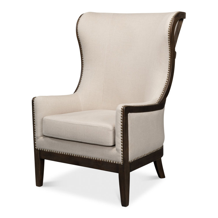 Beige Linen Wingback Chair with Solid Wood Frame