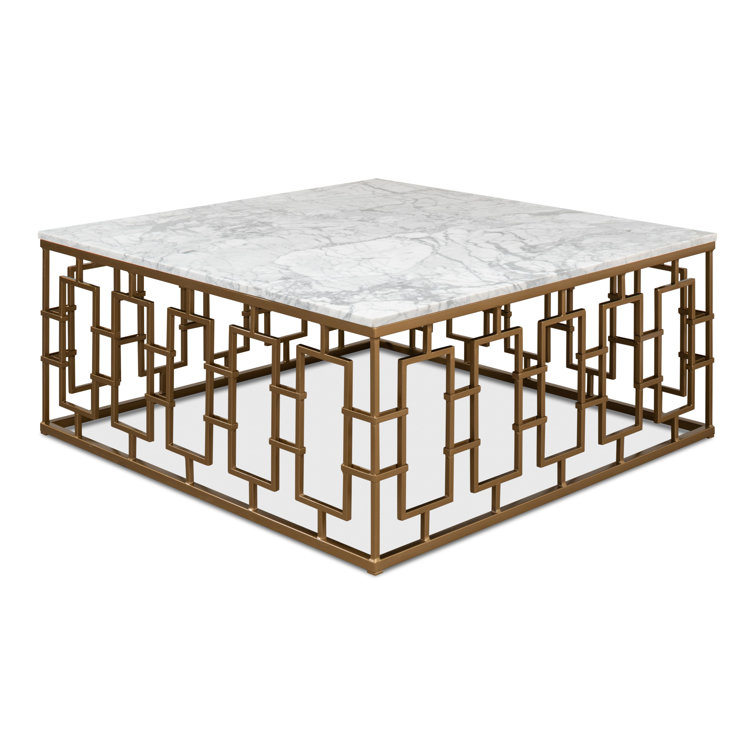 White Marble and Wood Square Coffee Table with Metal Base