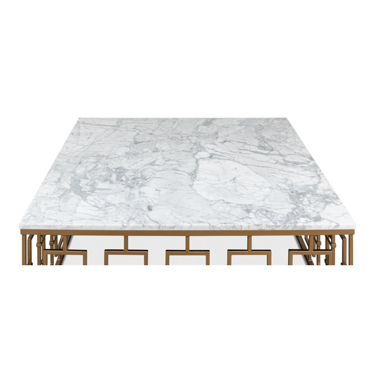 White Marble and Wood Square Coffee Table with Metal Base