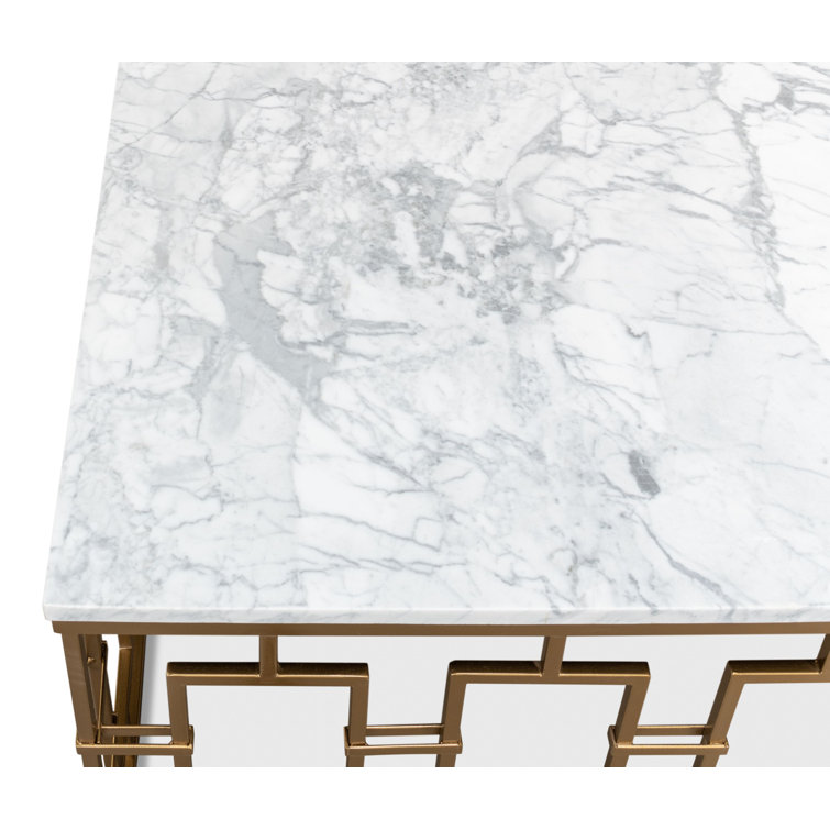 White Marble and Wood Square Coffee Table with Metal Base