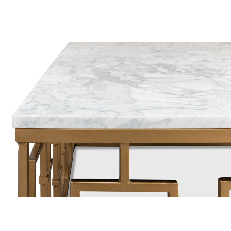 White Marble and Wood Square Coffee Table with Metal Base