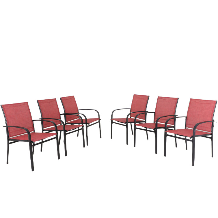 Red and Black Steel Patio Dining Armchairs with Cushions