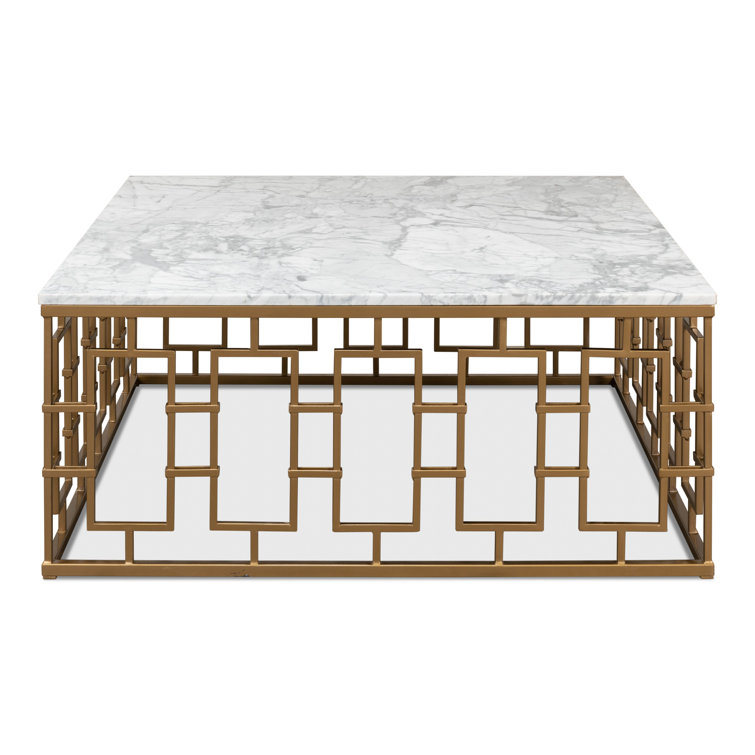 White Marble and Wood Square Coffee Table with Metal Base