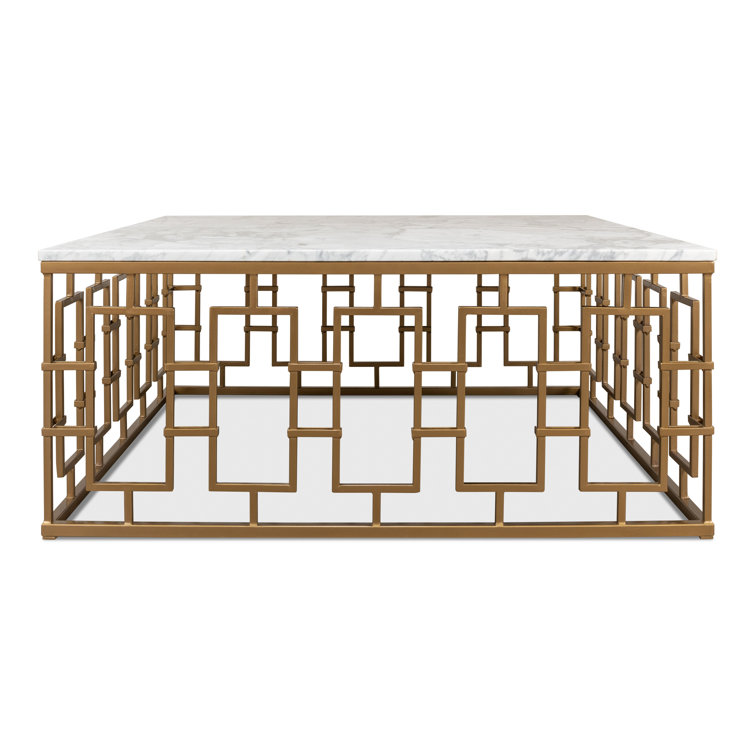 White Marble and Wood Square Coffee Table with Metal Base
