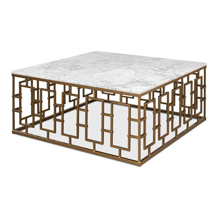 White Marble and Wood Square Coffee Table with Metal Base