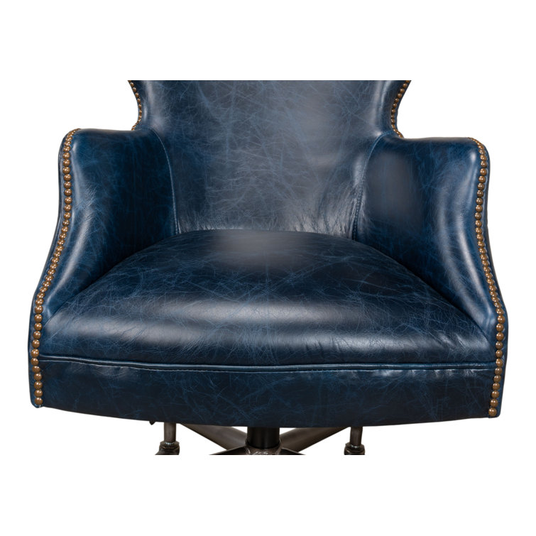 Chateau Blue Leather Swivel Arm Chair with Metal Base