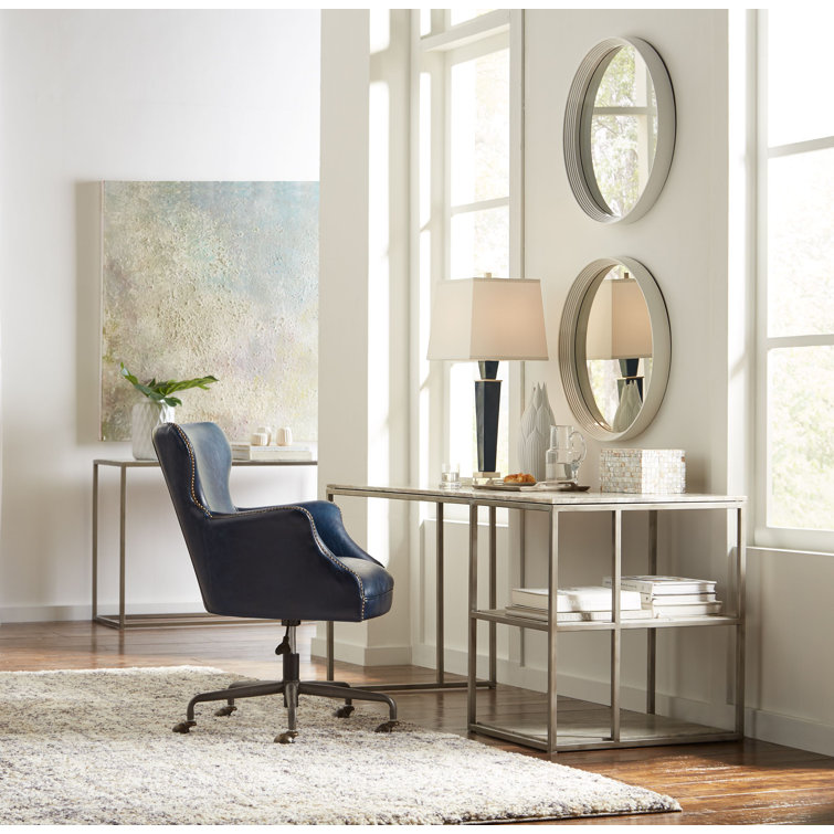 Chateau Blue Leather Swivel Arm Chair with Metal Base