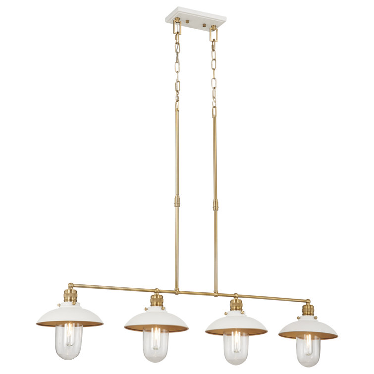 White and Brass 4-Light Linear Chandelier with Clear Glass Shades