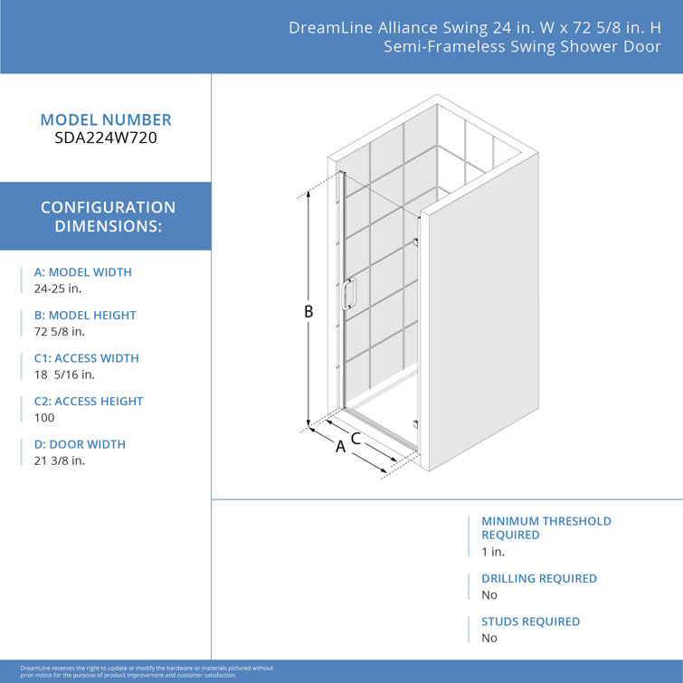 Brushed Nickel Semi-Frameless Hinged Shower Door with Clear Glass