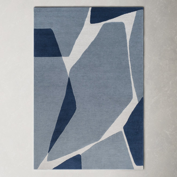 Light Blue and Navy Abstract Handmade Wool Rug, 6' x 9'