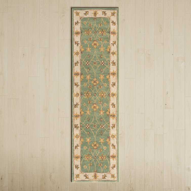 Handmade Green and Gold Wool Oriental Runner Rug 2'3" x 8'