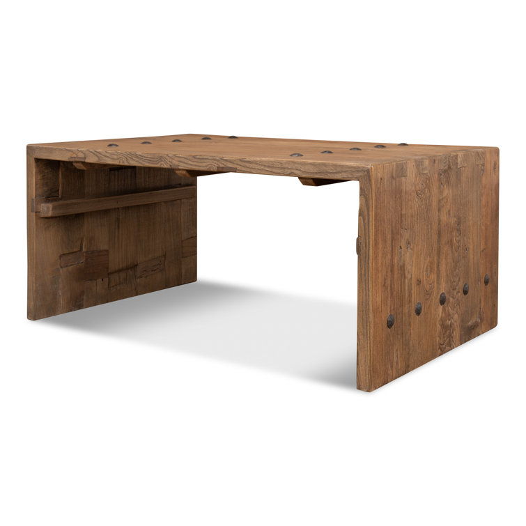 Rustic Rectangular Beige Wood Coffee Table with Storage