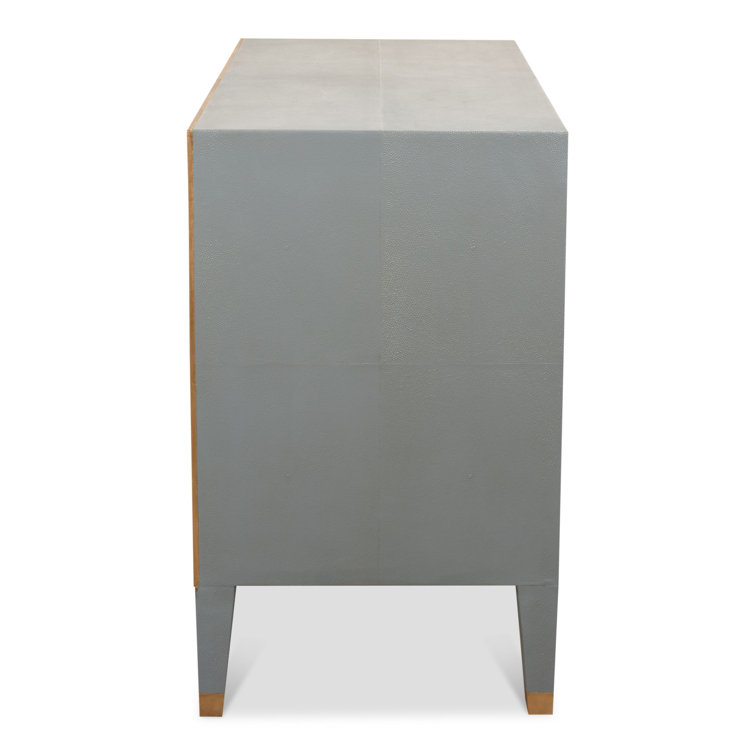 Transitional Gray Shagreen Leather Nightstand with Gold Accents