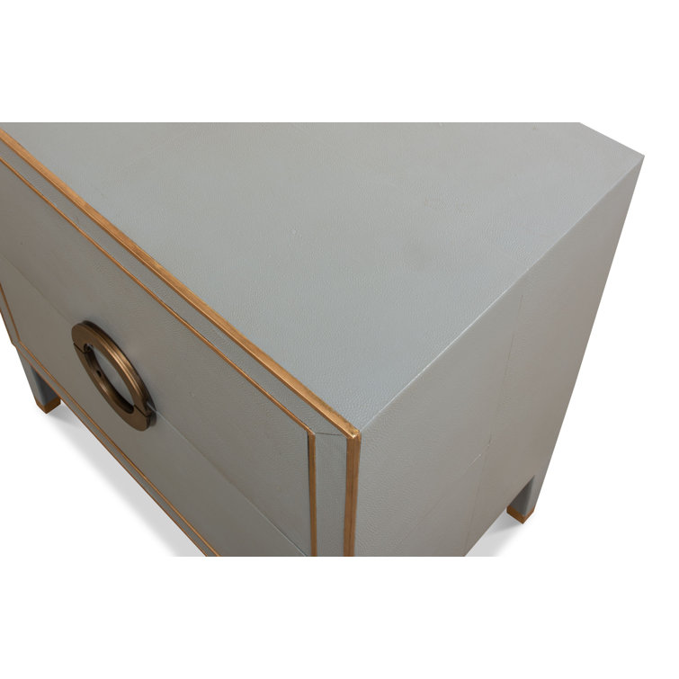 Transitional Gray Shagreen Leather Nightstand with Gold Accents