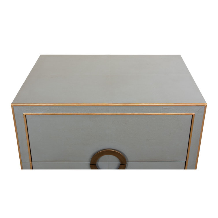 Transitional Gray Shagreen Leather Nightstand with Gold Accents