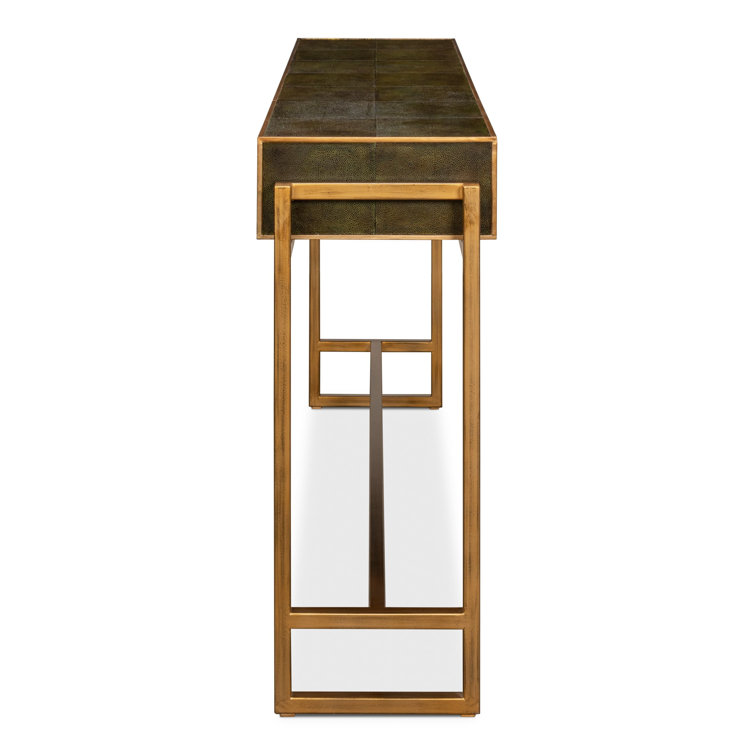 Leaf Green Iron Console Table with Brass Hardware and Leather Accents