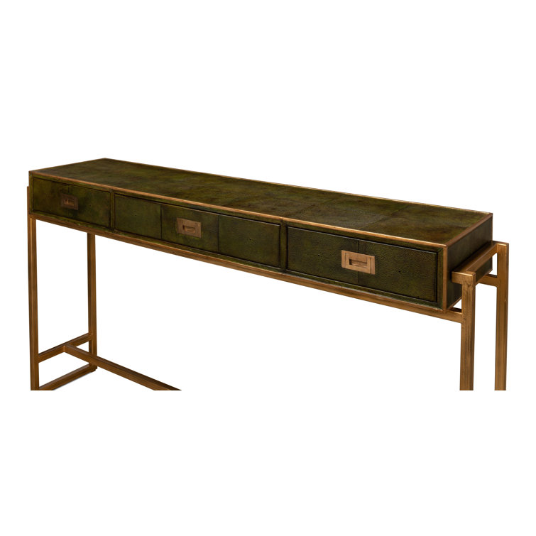 Leaf Green Iron Console Table with Brass Hardware and Leather Accents