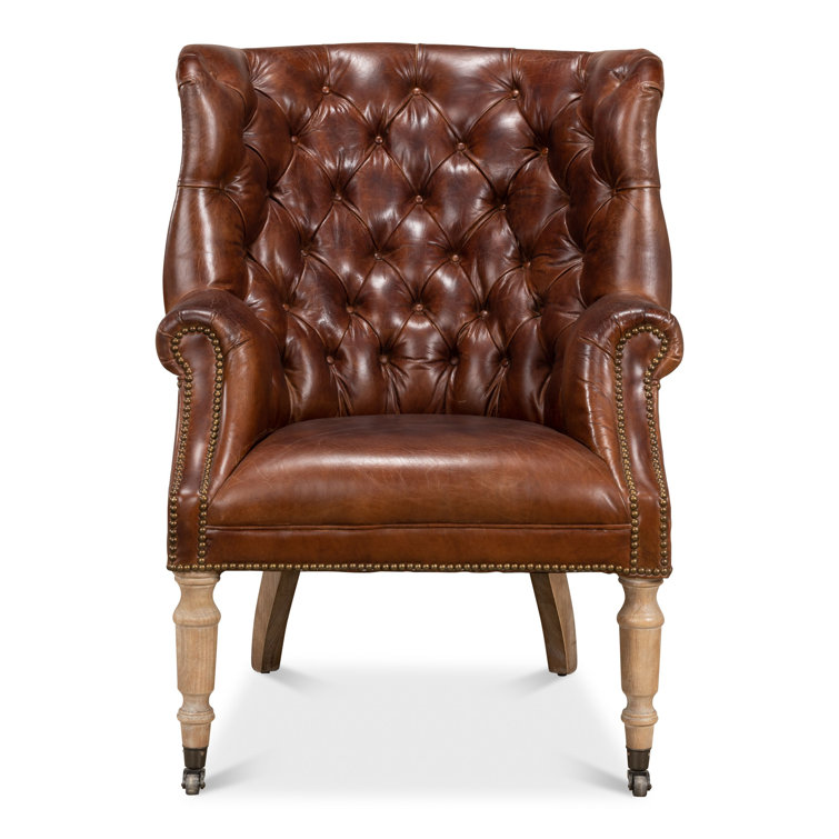Vintage Cigar Brown Leather Tufted Arm Chair with Wood Legs