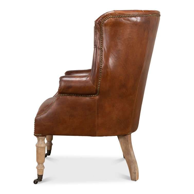 Vintage Cigar Brown Leather Tufted Arm Chair with Wood Legs