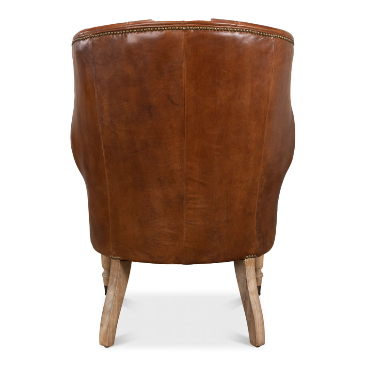 Vintage Cigar Brown Leather Tufted Arm Chair with Wood Legs