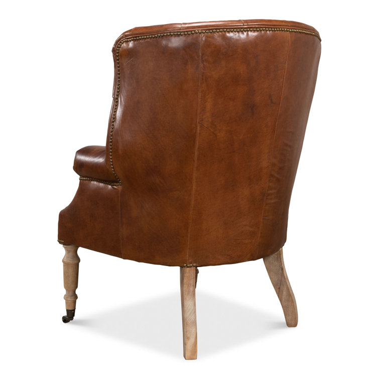 Vintage Cigar Brown Leather Tufted Arm Chair with Wood Legs