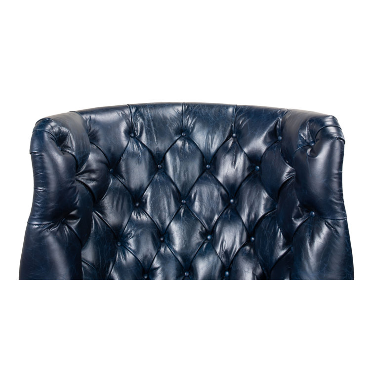Transitional Chateau Blue Genuine Leather Wingback Chair