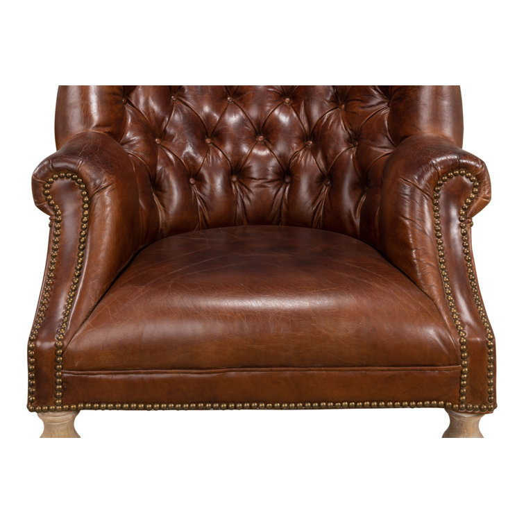 Vintage Cigar Brown Leather Tufted Arm Chair with Wood Legs
