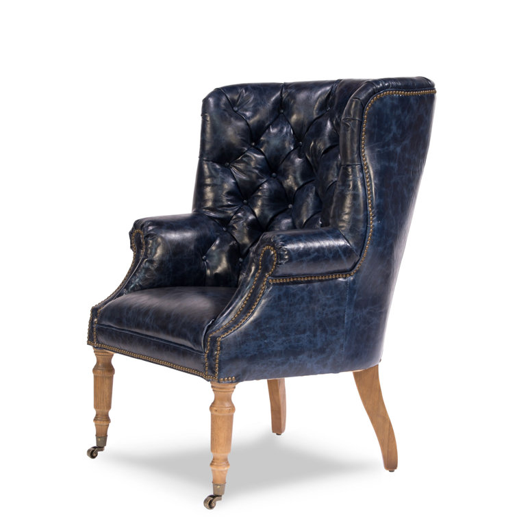 Transitional Chateau Blue Genuine Leather Wingback Chair