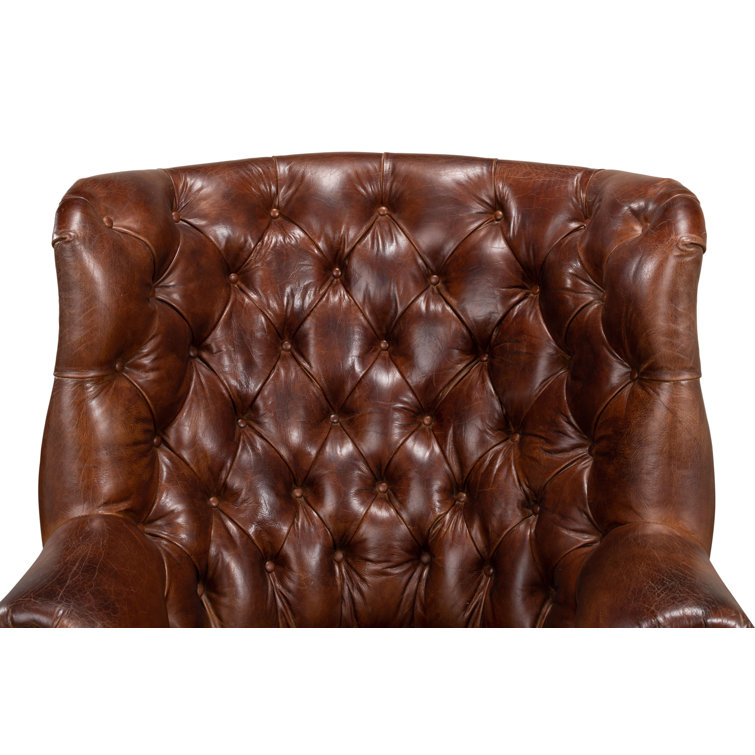 Vintage Cigar Brown Leather Tufted Arm Chair with Wood Legs