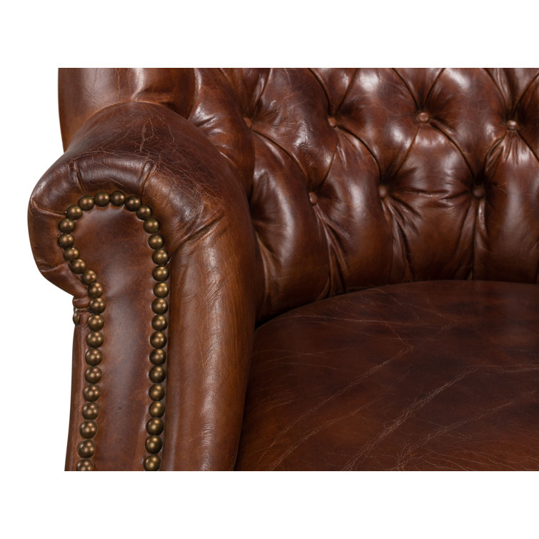 Vintage Cigar Brown Leather Tufted Arm Chair with Wood Legs