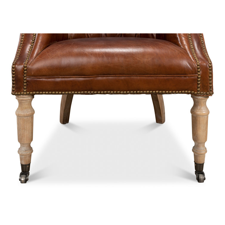 Vintage Cigar Brown Leather Tufted Arm Chair with Wood Legs