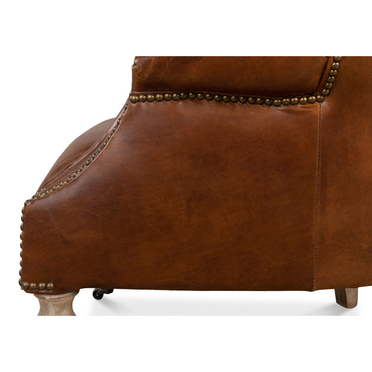 Vintage Cigar Brown Leather Tufted Arm Chair with Wood Legs