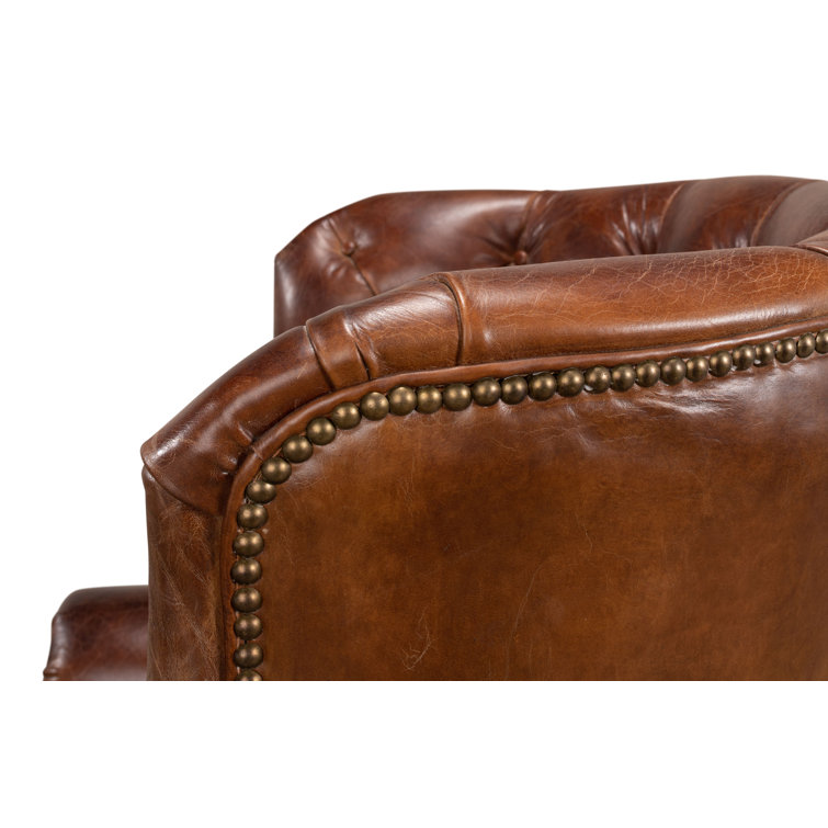 Vintage Cigar Brown Leather Tufted Arm Chair with Wood Legs