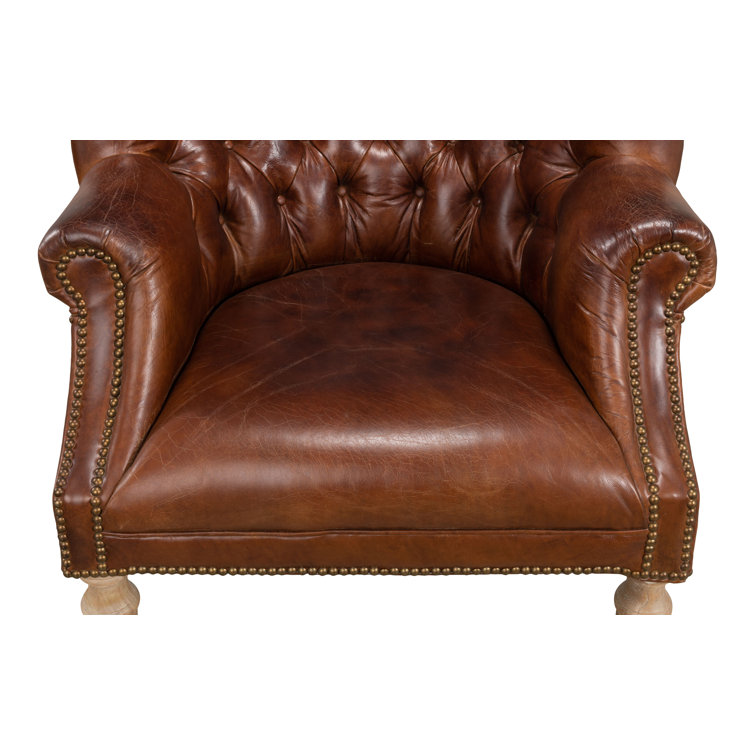 Vintage Cigar Brown Leather Tufted Arm Chair with Wood Legs