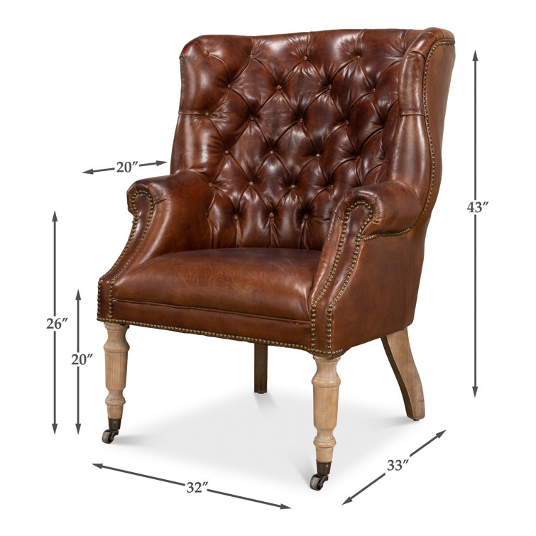 Vintage Cigar Brown Leather Tufted Arm Chair with Wood Legs