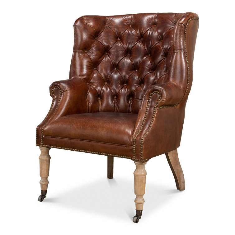 Vintage Cigar Brown Leather Tufted Arm Chair with Wood Legs
