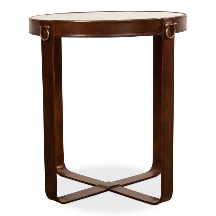 Brown Leather and Glass Round End Table with Brass Accents