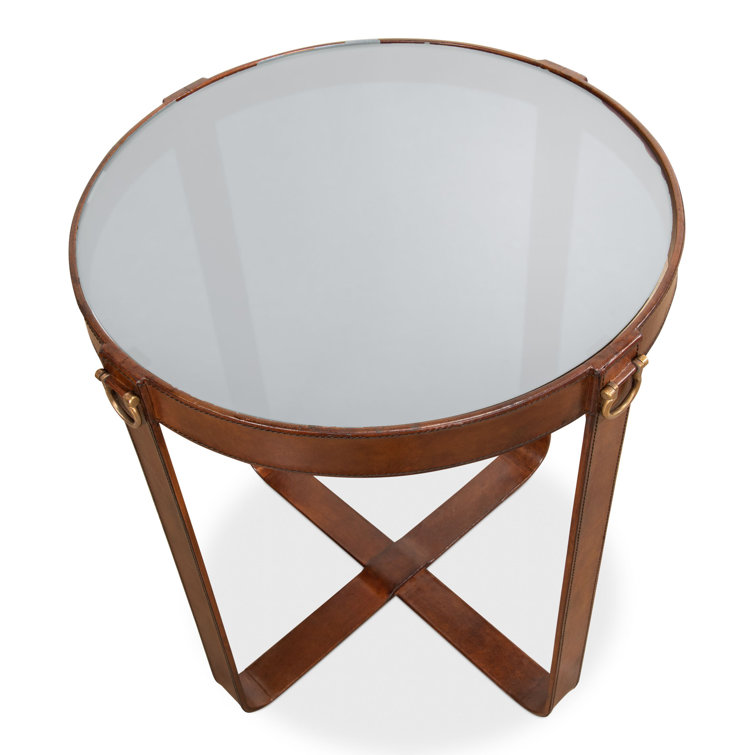 Brown Leather and Glass Round End Table with Brass Accents