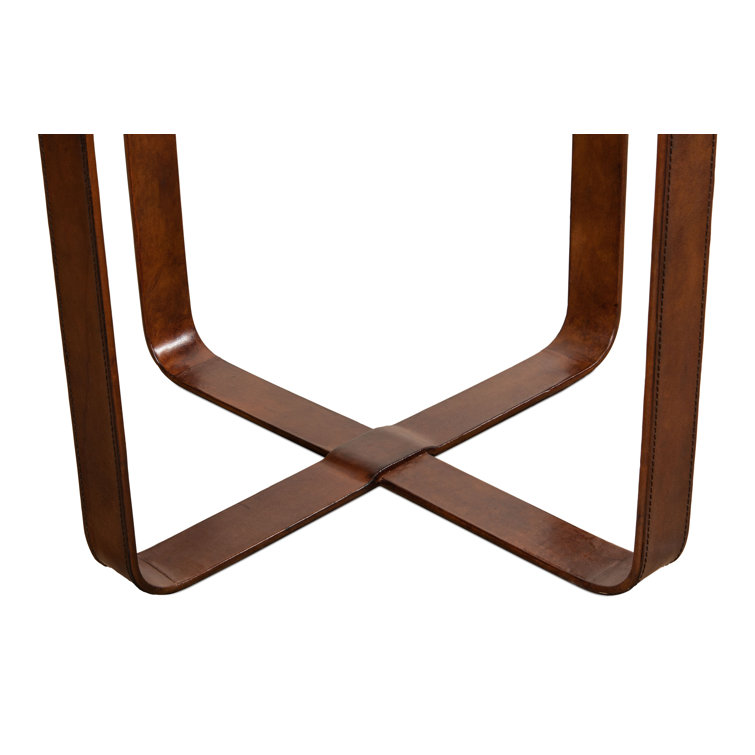 Brown Leather and Glass Round End Table with Brass Accents