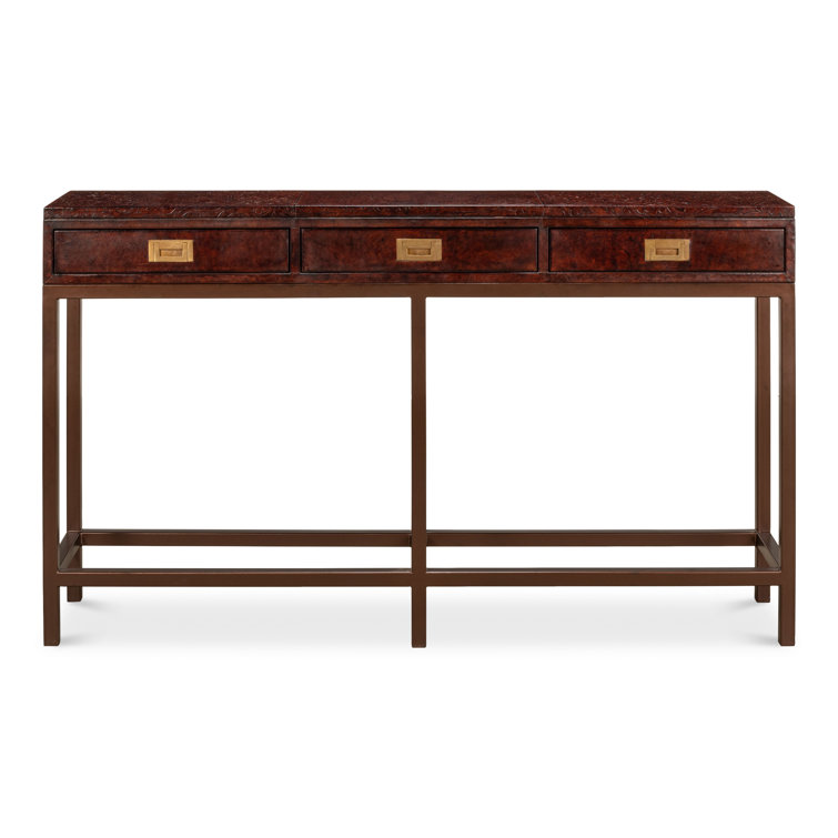 Brown Embossed Leather Console Table with Iron Frame and Storage