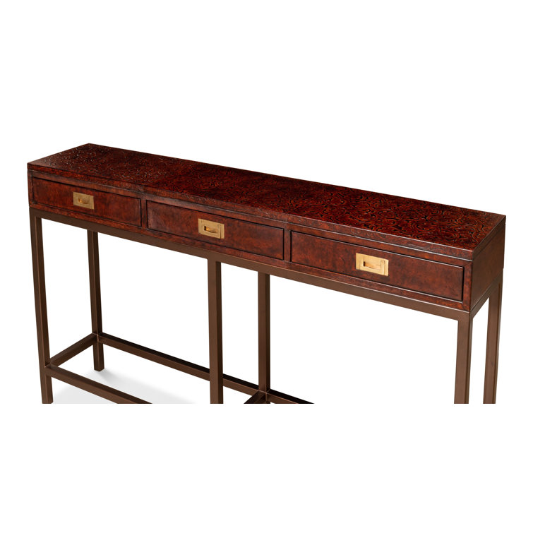 Brown Embossed Leather Console Table with Iron Frame and Storage