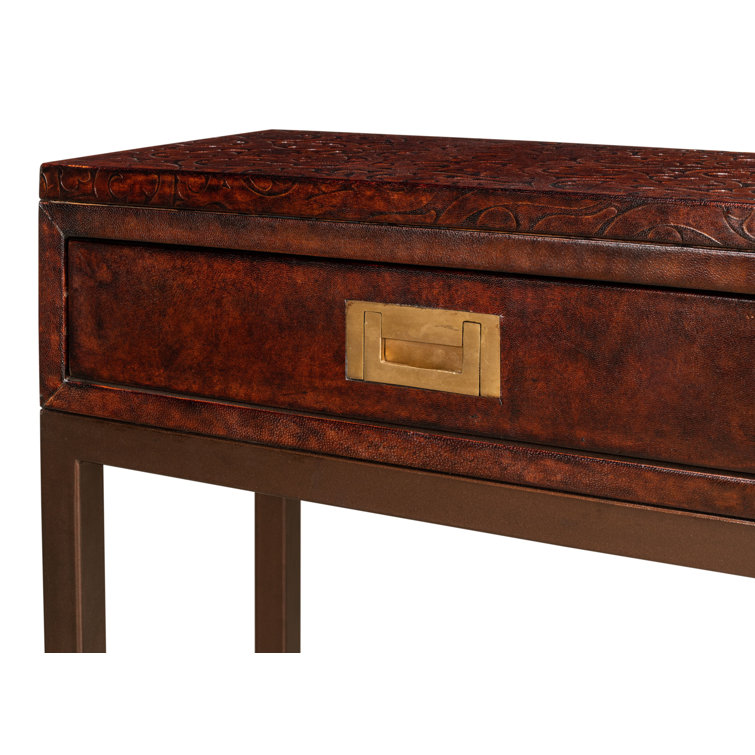 Brown Embossed Leather Console Table with Iron Frame and Storage