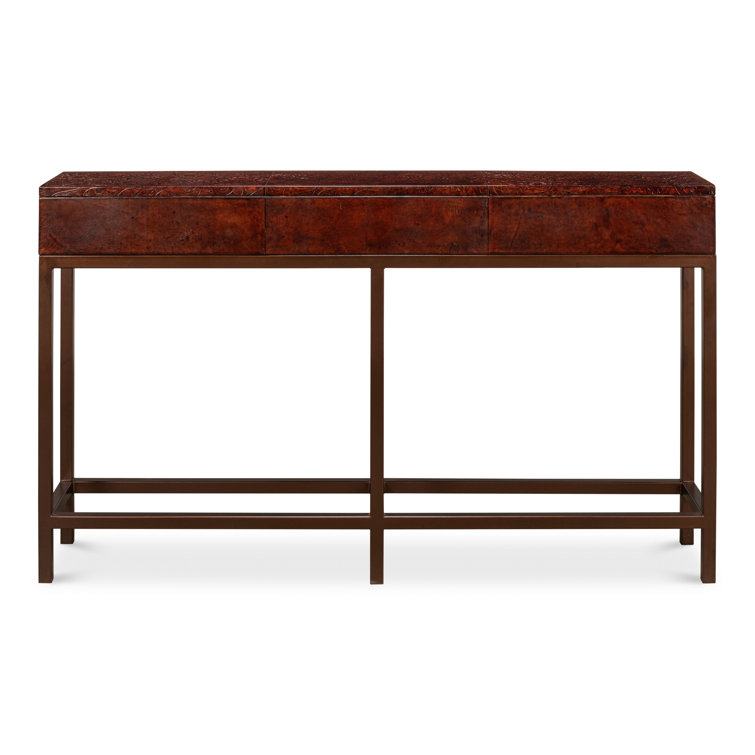 Brown Embossed Leather Console Table with Iron Frame and Storage